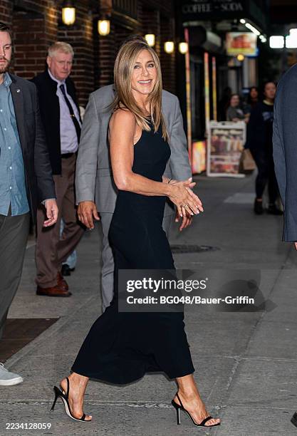 Jennifer Aniston is seen arriving at The Late Show with Stephen Colbert on September 10, 2025 in New York City.