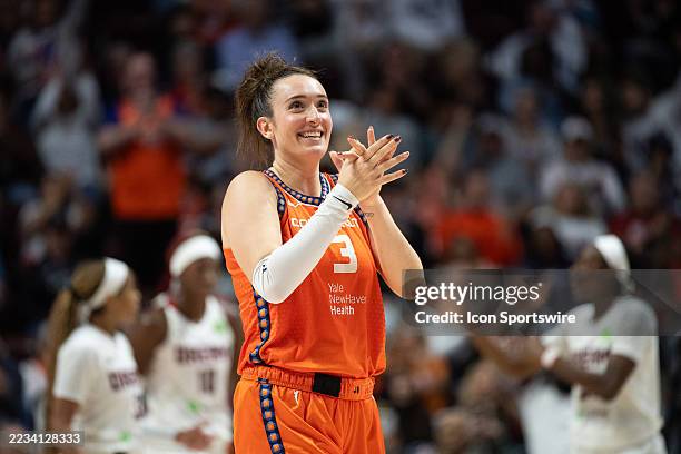 Connecticut Sun guard Marina Mabrey reacts during a WNBA game between the Atlanta Dream and the Connecticut Sun on September 10 at Mohegan Sun Arena...