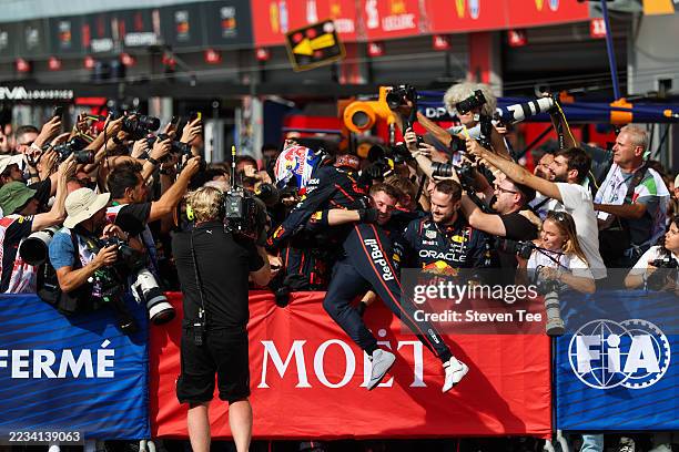 Race winner Max Verstappen of the Netherlands and Oracle Red Bull Racing celebrates with his team in parc ferme during the F1 Grand Prix of Italy at...