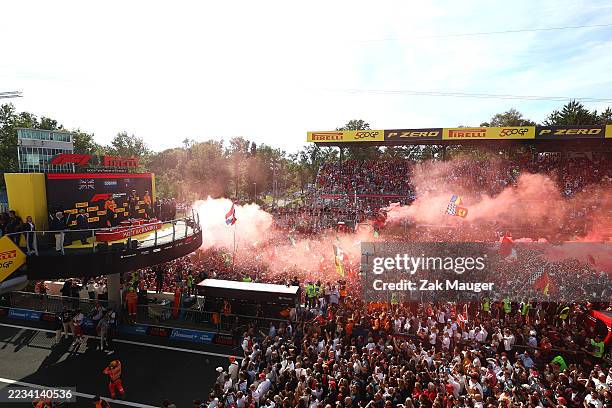 Race winner Max Verstappen of the Netherlands and Oracle Red Bull Racing Second placed Lando Norris of Great Britain and McLaren Third placed Oscar...