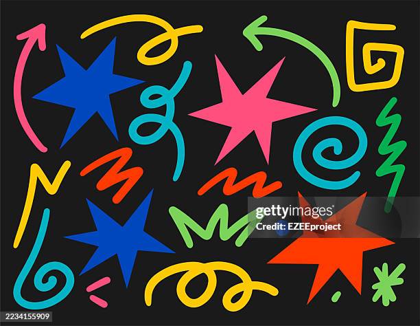 hand drawn doodle and scribble elements vector. colorful abstract shapes and symbols. fun and energetic graphic design elements. youthful and creative illustration set - playground background stock illustrations