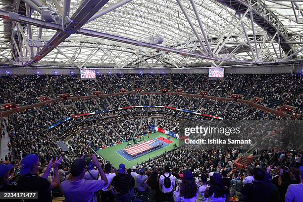 View of Arthur Ashe stadium during the national anthem prior to the Men's Singles Final match between Jannik Sinner of Italy and Carlos Alcaraz of...