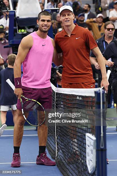 Carlos Alcaraz of Spain and Jannik Sinner of Italy pose prior to their Men's Singles Final match on Day Fifteen of the 2025 US Open at USTA Billie...