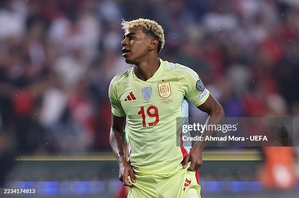 Lamine Yamal of Spain reacts during the FIFA World Cup 2026 qualifier match between Turkiye and Spainat Konya Metropolitan Municipality Stadium on...