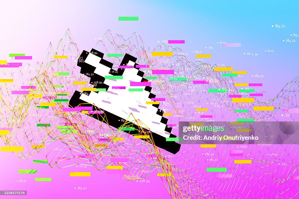 Large scaled cursor surrounded by multicoloured data