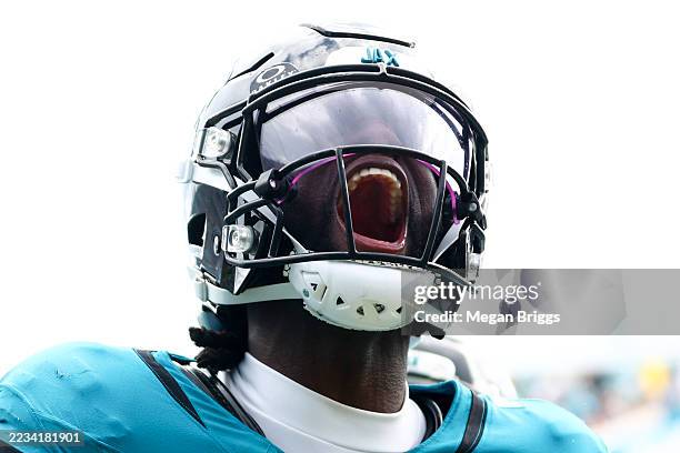 Brian Thomas Jr. #7 of the Jacksonville Jaguars scores a second quarter touchdown against the Carolina Panthers during the game at EverBank Stadium...
