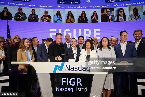 Mike Cagney, chairman and co-founder of Figure Technology Solutions Inc., center left, Michael Tannenbaum, chief executive officer of Figure...