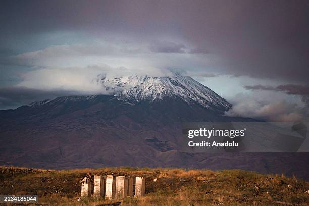 Snow covers the upper slopes of Mount Ararat following the first snowfall of the season in Dogubayazit district of Agri, Turkiye on September 11,...