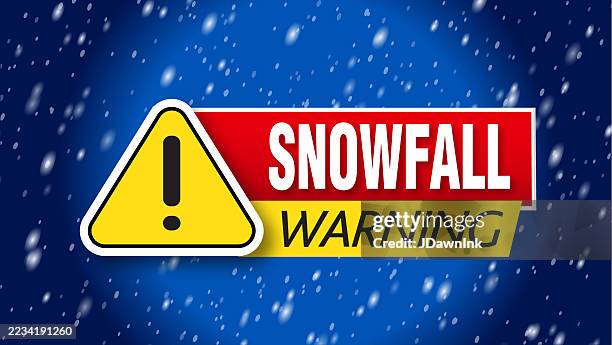 snowfall warning news alert sign concept web banner template design with snowy texture background - osha hazard communication pictogram stock illustrations