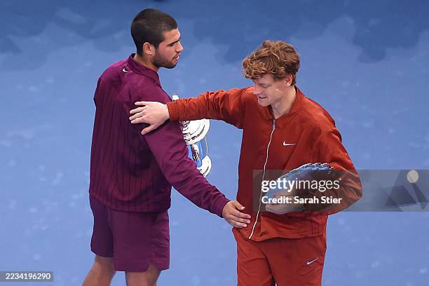 Jannik Sinner of Italy congratulates Carlos Alcaraz of Spain following their Men's Singles Final match on Day Fifteen of the 2025 US Open at USTA...