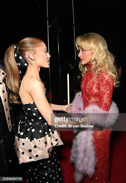 Ariana Grande and Sabrina Carpenter attend the 2025 MTV Video Music Awards at UBS Arena on September 07, 2025 in Elmont, New York.
