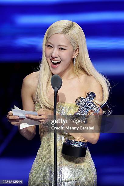 Rosé accepts the Song of the Year Award for "APT" with Bruno Mars onstage during the 2025 MTV Video Music Awards at UBS Arena on September 07, 2025...