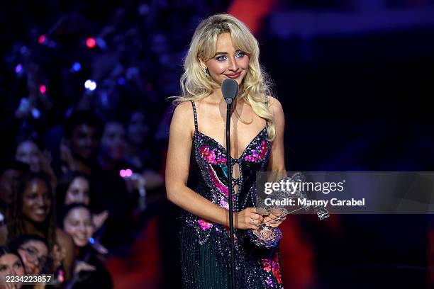 Sabrina Carpenter accepts the Best Album Award for "Short n’ Sweet" during the 2025 MTV Video Music Awards at UBS Arena on September 07, 2025 in...