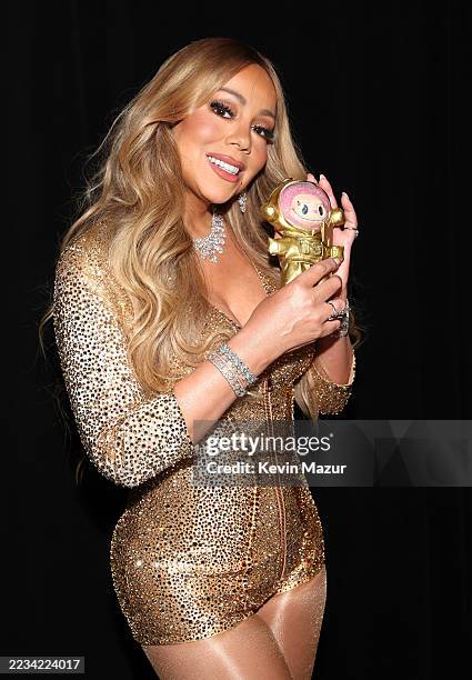 Mariah Carey holds a Labubu at the 2025 MTV Video Music Awards at UBS Arena on September 07, 2025 in Elmont, New York.