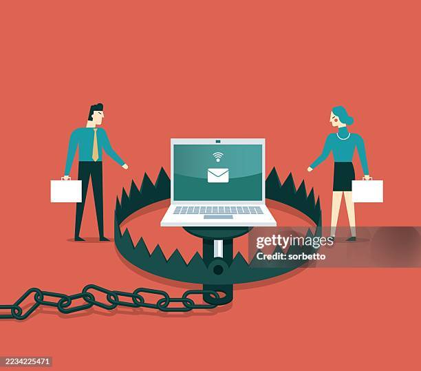 ilustraciones, imágenes clip art, dibujos animados e iconos de stock de portátil en una trampa - spyware