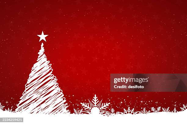 handgezeichnete linie kunst dekoriert gekritzelt dekoriert weihnachtsbaum mit sternförmiger baumspitze über horizontalen weißen dunkelroten kastanienbraunen farbverlauf vektorhintergründe mit kopierraum und sternenklaren schneeflocken schneemuster - dekoration für die weihnachtsbaumspitze stock-grafiken, -clipart, -cartoons und -symbole