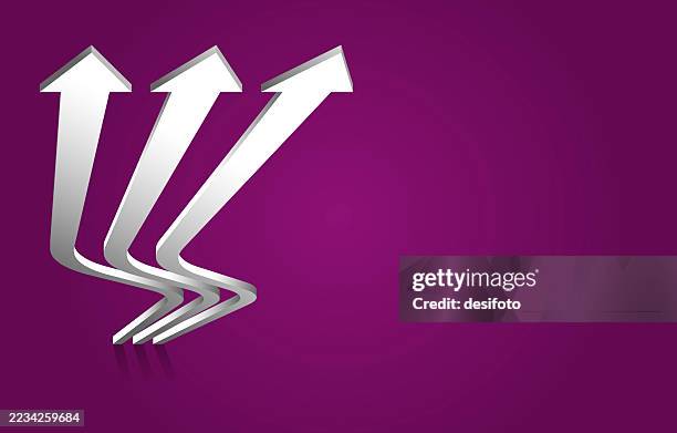 three silver white colored shiny three dimensional 3d taking off backflipping backwards arrow for backtracking behind reverse direction over blank horizontal vector purple background with copy space togetherness, aggression, cooperation in adversity - 3 objectives stock illustrations