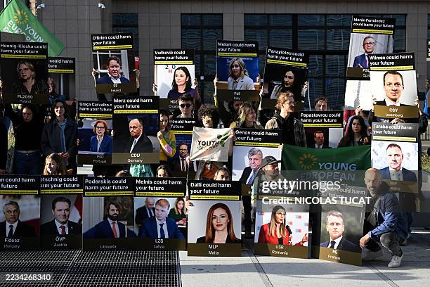 Climate activists from Youth for Climate organization demonstrate in front of the European Council ahead of the EU ambassadors' discussions on the...