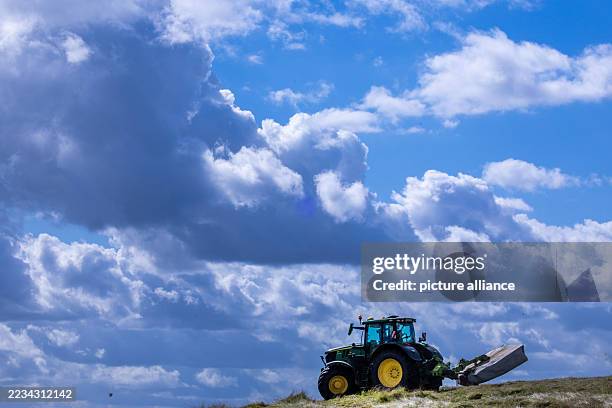 September 2025, Mecklenburg-Western Pomerania, Medewege: A tractor with a cutter bar is working in a meadow against a backdrop of dark clouds....