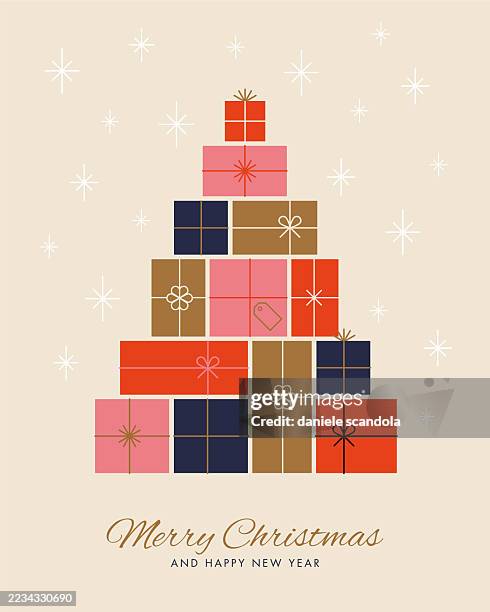 illustrazioni stock, clip art, cartoni animati e icone di tendenza di albero di natale fatto di scatole regalo. - confezione regalo