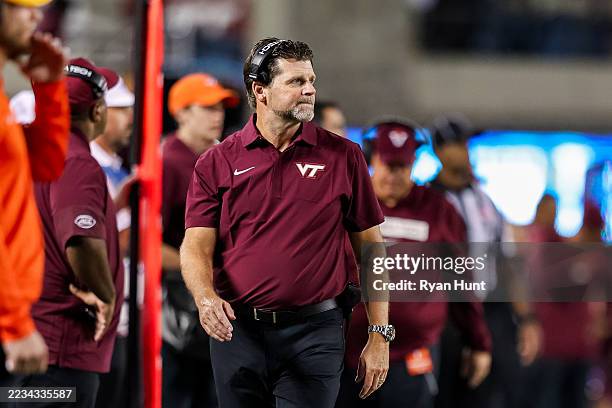 Head coach Brent Pry of the Virginia Tech Hokies looks on during the game against the Vanderbilt Commodores at Lane Stadium on September 6, 2025 in...