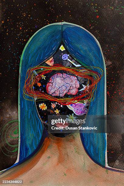 ilustraciones, imágenes clip art, dibujos animados e iconos de stock de la mente cósmica - surrealismo