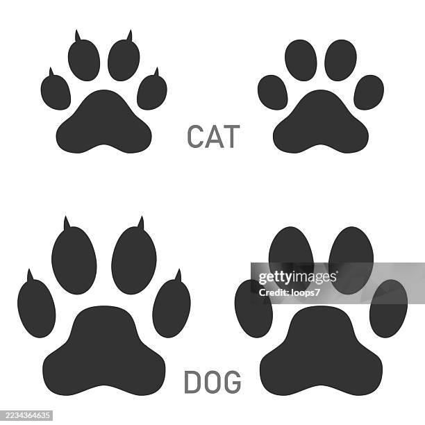 ilustraciones, imágenes clip art, dibujos animados e iconos de stock de iconos de huellas de patas de perros y gatos: siluetas de huellas de mascotas - huella de pata