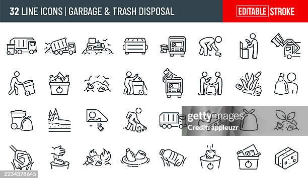 dünne liniensymbole für müll- und müllmanagement - bearbeitbarer strich - zu den symbolen gehören abfall, müllwagen, müllentsorgung, müllabfuhr, mülldeponie, recycling - müllcontainer stock-grafiken, -clipart, -cartoons und -symbole