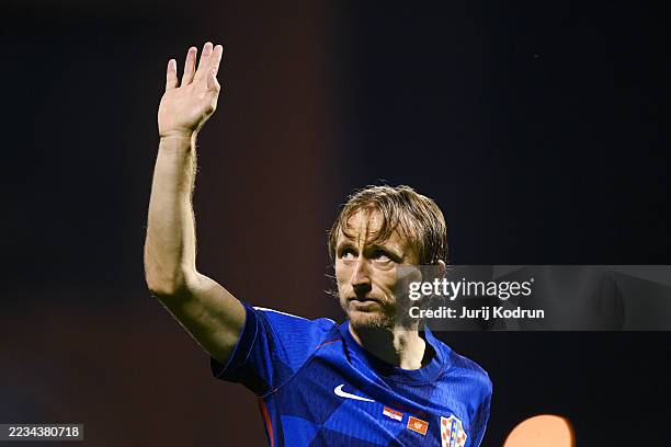 Luka Modric of Croatia waves to the fans after the team's victory in the FIFA World Cup 2026 qualifier match between Croatia and Montenegro at...