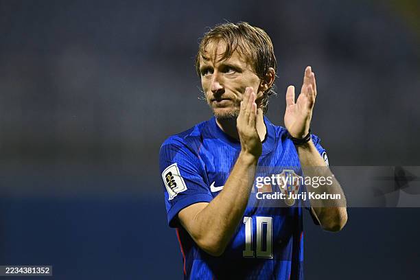 Luka Modric of Croatia applauds the fans after the team's victory in the FIFA World Cup 2026 qualifier match between Croatia and Montenegro at...
