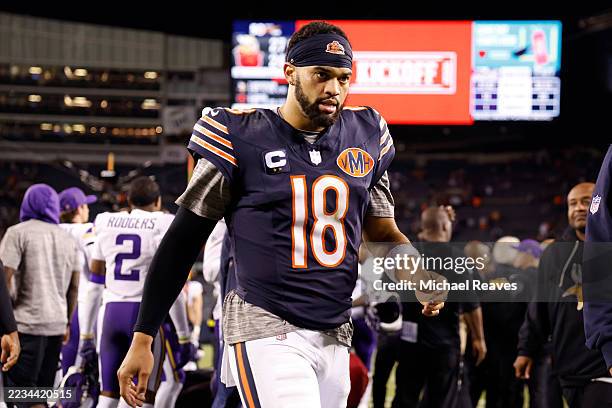 Caleb Williams of the Chicago Bears leaves the field after losing to the Minnesota Vikings Soldier Field on September 08, 2025 in Chicago, Illinois.