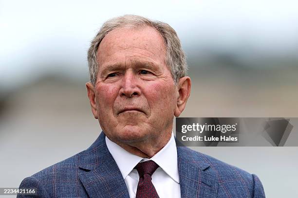 Former U.S. President George W. Bush looks on during the opening ceremony of The 50th Walker Cup at Cypress Point Golf Club on September 05, 2025 in...