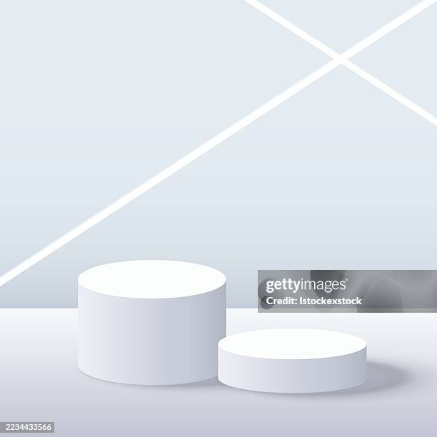 minimalist white circular podiums on light background - plain wall interior grey stock illustrations