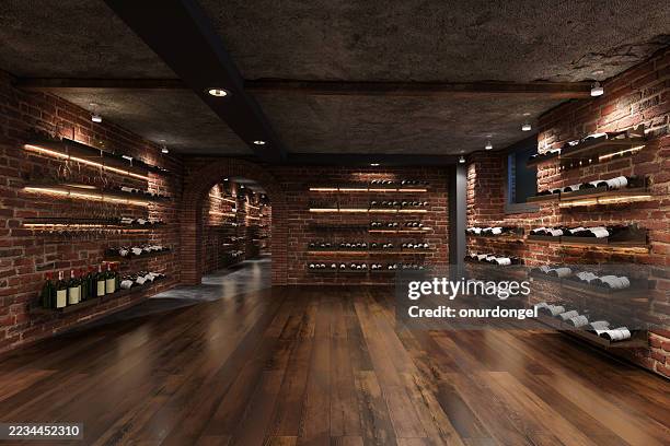 modern wine cellar with wooden shelves and brick walls - cellar stock pictures, royalty-free photos & images
