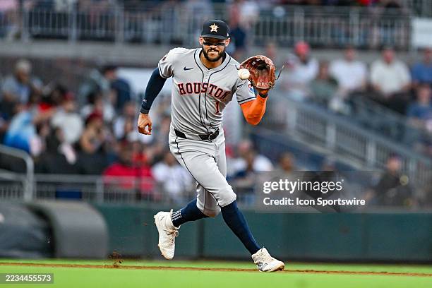 Houston shortstop Carlos Correa fields a ground ball during the MLB game between the Houston Astros and the Atlanta Braves on September 12th, 2025 at...