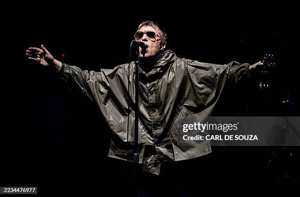 Liam Gallagher of British band Oasis, performs at the GNP Seguros stadium in Mexico City on September 12 2025. / .