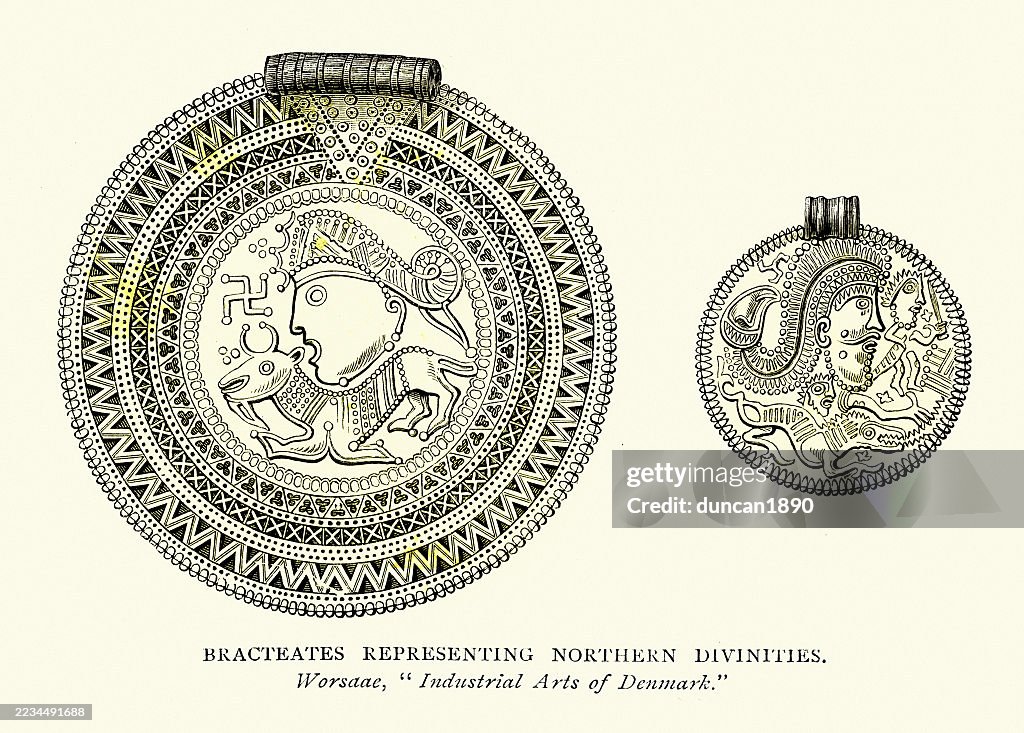 Bracteates representing pagan norse gods, A bracteate is a flat, thin, single-sided gold medal worn as jewelry that was produced in Northern Europe predominantly during the Migration Period of the Germanic Iron Age