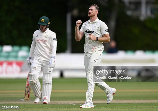 Tom Taylor of Worcestershire celebrates dismissing Liam Patterson-White of Nottinghamshire during day two of the Rothesay County Championship match...