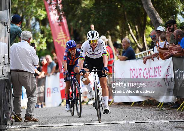Lotte Kopecky of Belgium and Team SD Worx - Protime celebrates at finish line as stage winner during the 23rd Tour Cycliste Feminin International de...