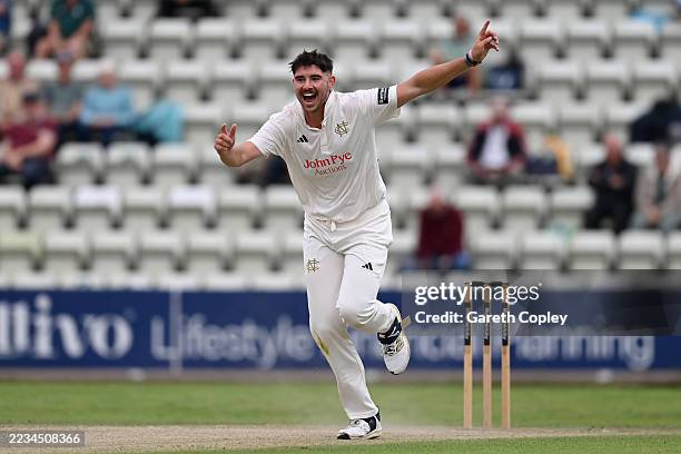 Josh Tongue of Nottinghamshire celebrates dismissing Rehaan Edavalath of Worcestershire during day two of the Rothesay County Championship match...