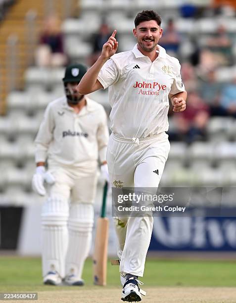 Josh Tongue of Nottinghamshire celebrates dismissing Jake Libby of Worcestershire during day two of the Rothesay County Championship match between...