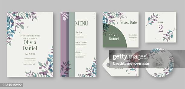 wedding invitation and menu set with floral design - menu template stock illustrations