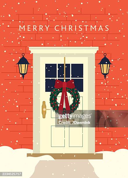 merry christmas greeting card design template in vibrant colors with decorated front door for holidays - cozy winter stock illustrations
