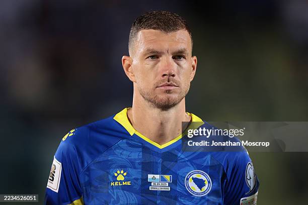 Edin Dzeko of Bosnia and Herzegovina looks on during the line up prior to the FIFA World Cup 2026 qualifier match between San Marino and Bosnia and...