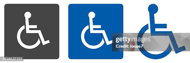 illustrazioni stock, clip art, cartoni animati e icone di tendenza di set di simboli per sedie a rotelle accessibili in nero e blu - simbolo internazionale di accesso