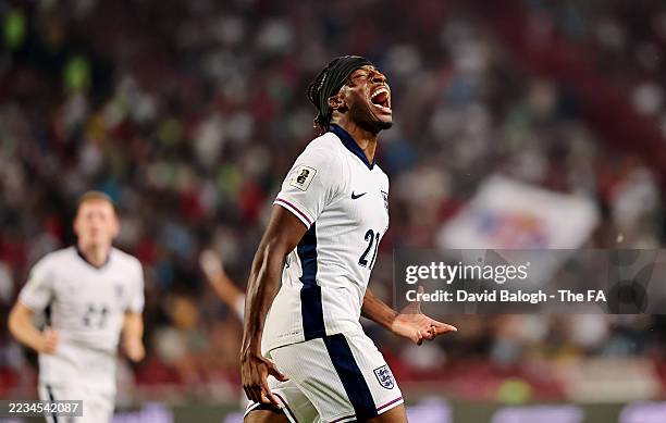 Noni Madueke of England celebrates scoring his team's second goal during the FIFA World Cup 2026 qualifier match between Serbia and England at Rajko...