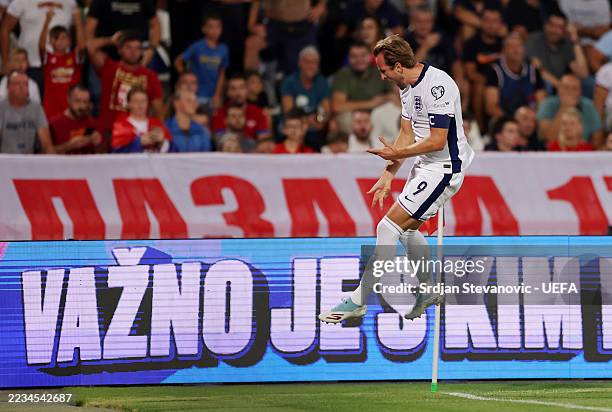 Harry Kane of England celebrates scoring his team's first goal during the FIFA World Cup 2026 qualifier match between Serbia and England at Rajko...