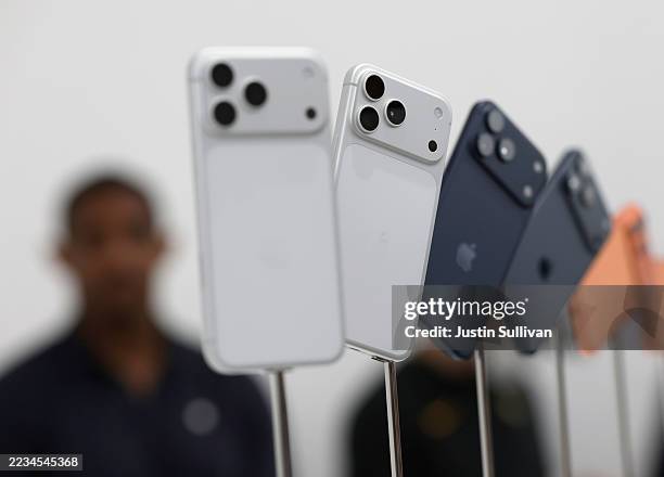 New Apple iPhone 17 Pros are displayed during an Apple special event at Apple headquarters on September 9, 2025 in Cupertino, California. Apple...