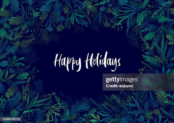 ilustraciones, imágenes clip art, dibujos animados e iconos de stock de feliz navidad diseño de tarjeta de borde floral. felices fiestas - perennifolio