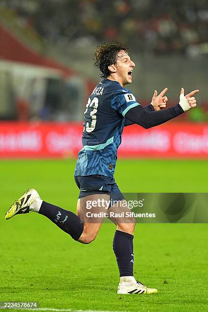 Matías Galarza Fonda of Paraguay celebrates after scoring the team's first goal during the South American FIFA World Cup 2026 Qualifier match between...